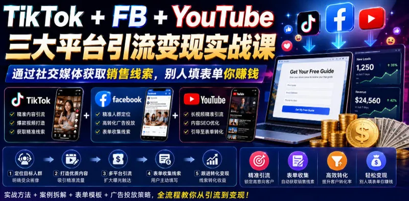 9bb94a2452e75e311f151b75f64d07d5.jpeg TikTok+FB+YouTube三大平台引流变现实战课,通过社交媒体获取销售线索,别人填表单你賺钱【原创双语字幕】