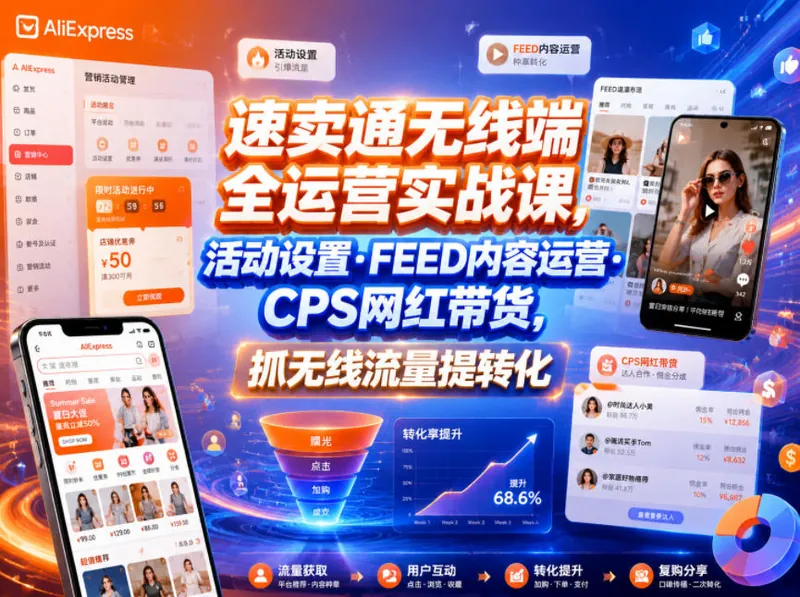 6b1a578cb78e432e528899b1d68dc91f.jpeg 速卖通无线端全运营实战课,活动设置・FEED内容运营・CPS网红带货,抓无线流量提转化