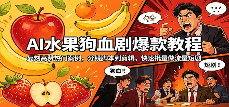 d4fc5fa0f83a3394502452c1e3b10940.jpeg AI水果狗血剧爆款教程:复刻高赞热门案例,分镜脚本到剪辑,快速批量做流量短剧