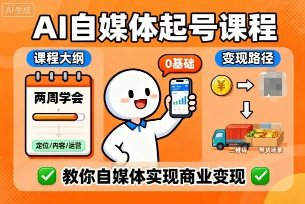 AI自媒体起号课程，0基础小白两周学会，教你自媒体实现商业变现