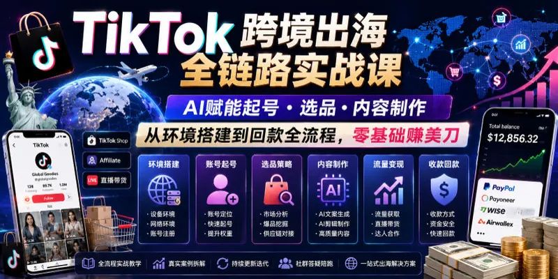 f8ab1ac2fc60847c4ff3fa9ca7ee8749.jpeg TikTok跨境出海全链路实战课,AI赋能起号・选品・内容制作,从环境搭建到回款全流程,零基础賺美刀
