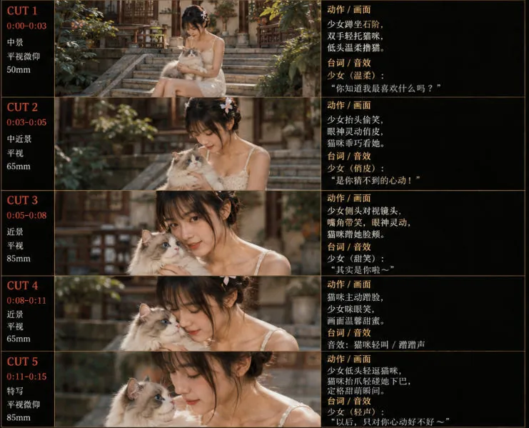 9e0549bdcd3d774574d14d8e1abecd20.jpeg 美女和猫故事提示词,人物一致性提示词+故事板