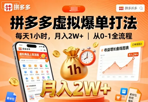 拼多多虚拟爆单打法，每天1小时，月入2W+，从0-1全流程