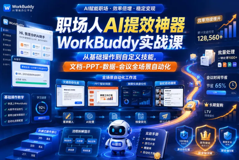 076a0c538667416c2e3c79293da7a0a0.jpeg 职场人AI提效神器WorkBuddy实战课,从基础操作到自定义技能,文档-PPT-数据-会议全场景自动化