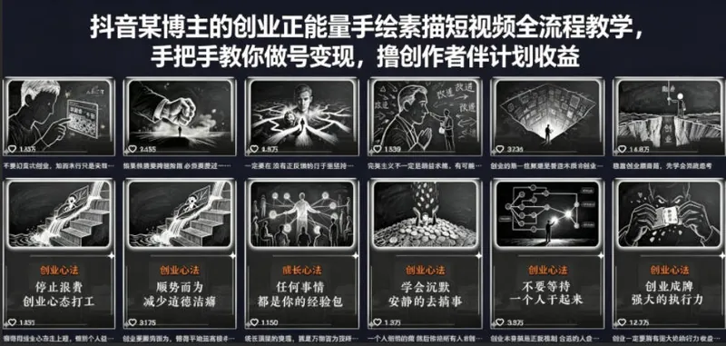 599ee86ceaf2f8c00593caade59d26c4.jpeg 抖音某博主的创业正能量手绘素描短视频全流程教学,手把手教你做号变现,撸创作者伙伴计划收益