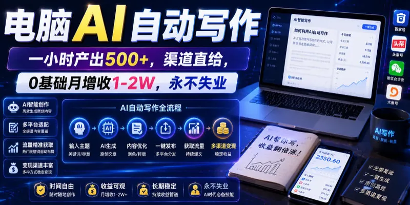 e876246593c94959ec9c4f7c6d93bef4.jpeg 电脑AI自动写作,一小时产出500+,渠道直给,0基础月增收1-2W,永不失业【揭秘】