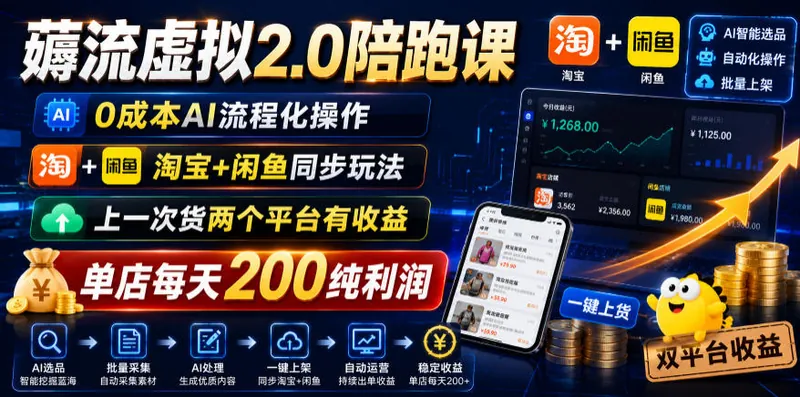 9db5bf905a58861d42743674993403b1.jpeg 薅流虚拟2.0陪跑课,0成本AI流程化操作,淘宝+闲鱼同步玩法,上一次货两个平台有收益,单店每天200纯利润