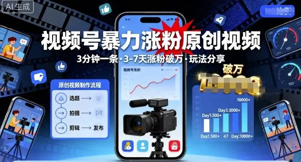 视频号暴力涨粉原创视频，3分钟一条原创视频，3-7天涨粉破万，玩法分享给你