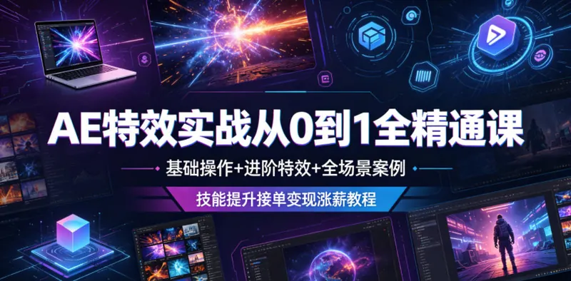 8a030a44b9c5dce6b388984478982a06.jpeg AE特效实战从0到1全精通课,基础操作+进阶特效+全场景案例,技能提升接单变现涨薪教程