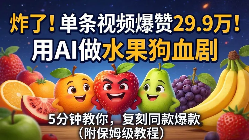 3861f355125d0425a19dfad98f782041.jpeg (18206期)炸了!单条视频爆赞 29.9 万!用 AI 做水果狗血剧,5 分钟教你,复刻同款爆款(附保姆级教程)
