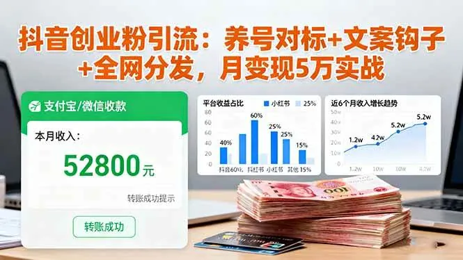 （16338期）抖音创业粉引流：养号对标+文案钩子+全网分发，月变现5万实战