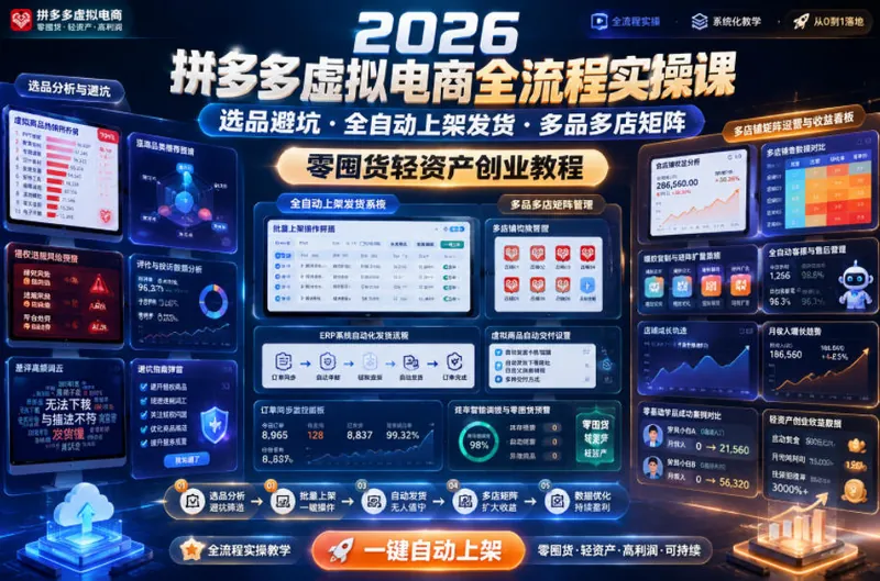 64b762ab3865729b70e50907849c35e1.jpeg 2026拼多多虚拟电商全流程实操课,选品避坑・全自动上架发货・多品多店矩阵,零囤货轻资产创业教程