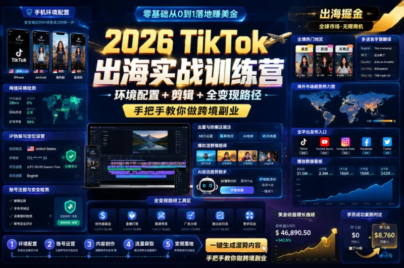 08fb5e5a471eeccfd3a4d9426de36445.jpeg 2026 TikTok出海实战训练营,环境配置 + 剪辑 + 全变现路径,手把手教你做跨境副业
