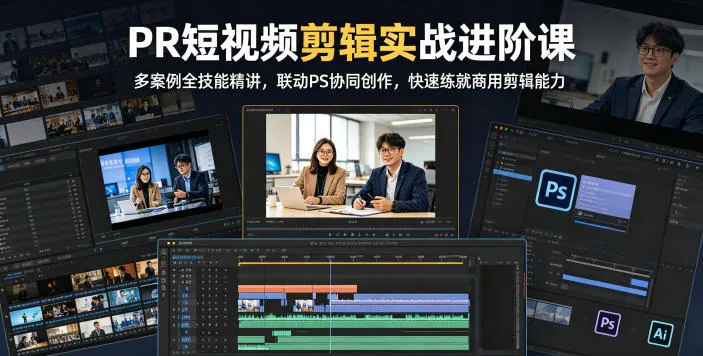 PR短视频剪辑实战进阶课,多案例全技能精讲,联动PS协同创作,快速练就商用剪辑能力