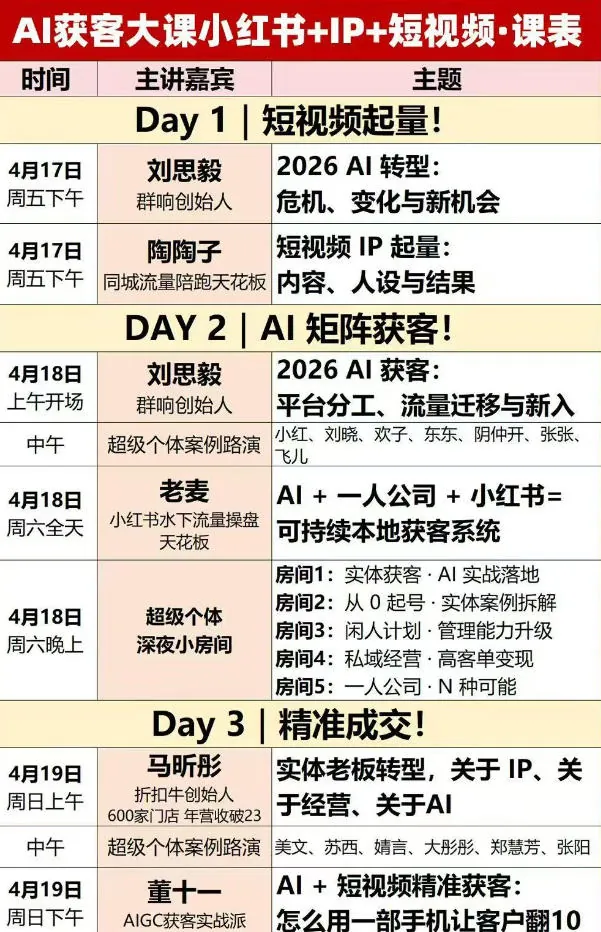 51bf5c9d607508415e7260ab61f4a816.jpeg AI获客大课小红书+IP+短视频3天2夜线下课,用最真实的一线案例,最前沿的AI工具,最有效的流量打法