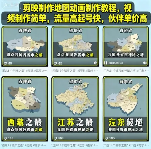剪映制作地图动画制作教程，视频制作简单，流量高起号快，伙伴单价高