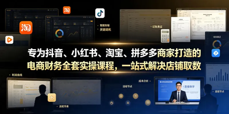 专为抖音、小红书、淘宝、拼多多商家打造的电商财务全套实操课程，一站式解决店铺取数、记账、报税全流程难题