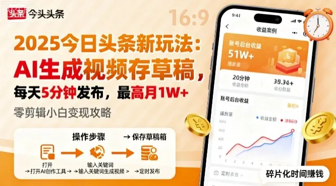 2025年今日头条躺賺新玩法，AI生成视频存草稿，每天5分钟发布，最高月1W+【揭秘】