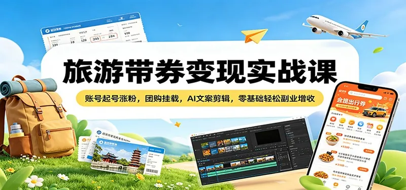 2eb002aad8a9f89166dad7942914ba70.jpeg 旅游带券变现实战课:账号起号涨粉,团购挂载,AI文案剪辑,零基础轻松副业增收