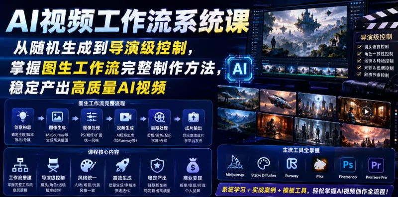 988d29979ac6b9f5df63a336d2b0e3e7.jpeg AI视频工作流系统课,从随机生成到导演级控制,掌握图生工作流完整制作方法,稳定产出高质量AI视频