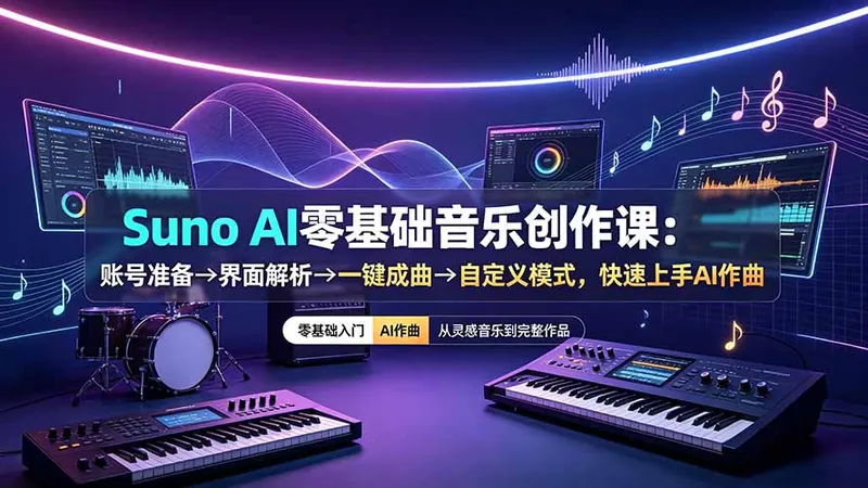 Suno AI零基础音乐创作课：账号准备→界面解析→一键成曲→自定义模式，快速上手AI作曲