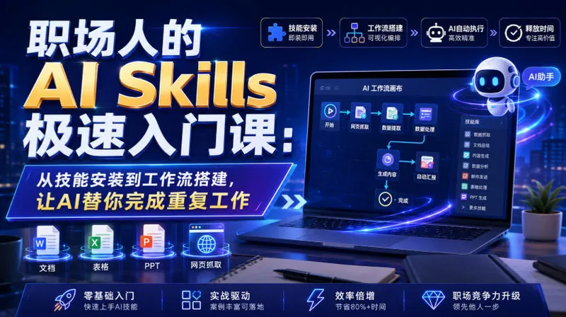 13b77df15d42ef2018a4fef97d8a0026.jpeg 职场人的AI Skills极速入门课:从技能安装到工作流搭建,让AI替你完成重复工作