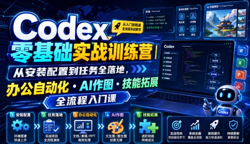 490b7cbd292616437c2004c30bdfc58e.jpeg Codex零基础实战训练营|从安装配置到任务全落地,办公自动化・AI作图・技能拓展全流程入门课