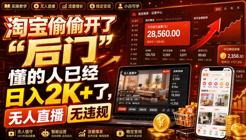 3a7fea53c37636b60cf858f0da8c6a01.jpeg 淘宝偷偷开了“后门”,懂的人已经日入2K+了,无人直播无违规,一台电脑=一家24小时营业的线上门店【揭秘】