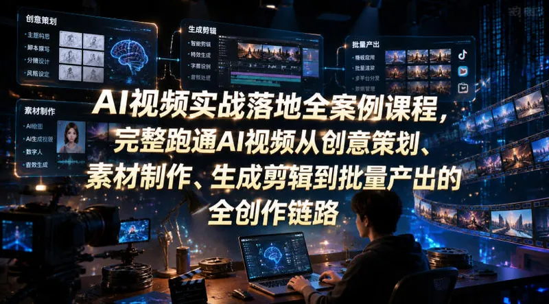 fe47c4fe71c53ac0d58ecc95d38ad777.jpeg AI视频实战落地全案例课程,完整跑通AI视频从创意策划、素材制作、生成剪辑到批量产出的全创作链路