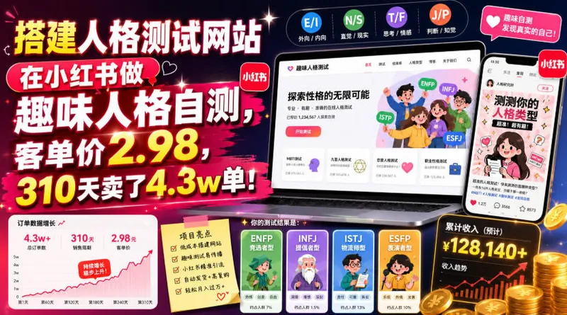 搭建人格测试网站在小红书做趣味人格自测，客单价2.98，310天卖了4.3w单！