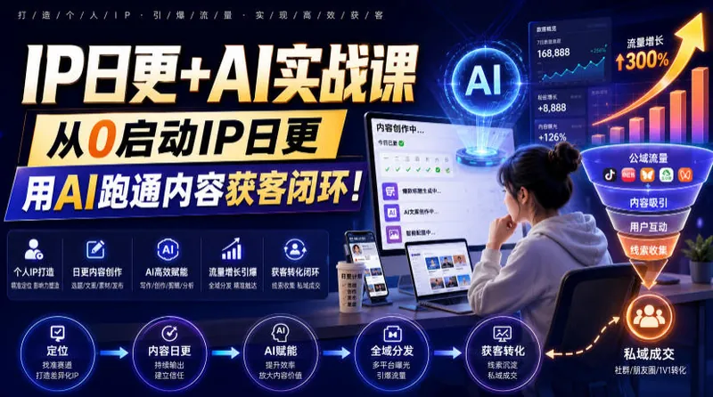ed73960ec8f9399b15c351f0c5990832.jpeg IP日更+AI实战课,从0启动IP日更,IP置顶视频制作+100条选题库搭建+10条日更规划,用AI跑通内容获客闭环!