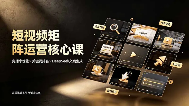 b61a28f58c05b358779d720366d10bbd.jpeg 短视频矩阵运营核心课:完播率优化×关键词排名×DeepSeek文案生成,从零搭建多平台引流体系