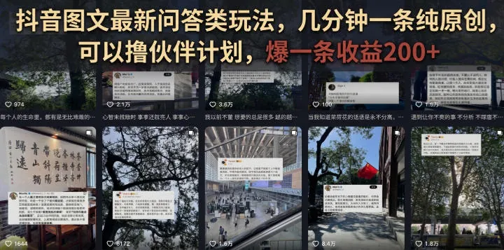 抖音图文最新问答类玩法，几分钟一条纯原创，可以撸伙伴计划，爆一条收益200+