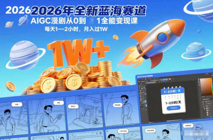 2026年全新蓝海赛道AIGC漫剧从0到1全能变现课，每天1—2小时，月入过1W