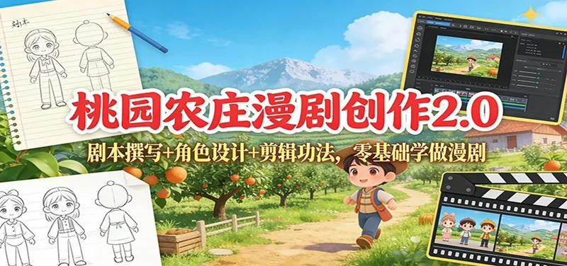 桃园农庄漫剧创作2.0：剧本撰写+角色设计+剪辑功法，零基础学做漫剧