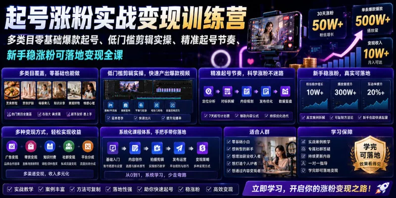 efe45dfc127826a03f01084fc6c6c79a.jpeg 苗子起号涨粉实战变现训练营,多类目零基础爆款起号、精准起号节奏、新手稳涨粉可落地变现全课