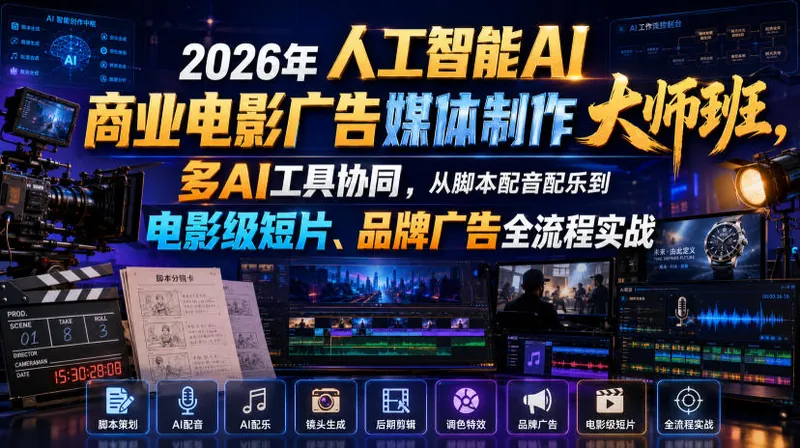 e4aca3d321b5c796eff54ac992aab03d.jpeg 2026年人工智能AI商业电影广告媒体制作大师班,多AI工具协同,从脚本配音配乐到电影级短片、品牌广告全流程实战(中英字幕)