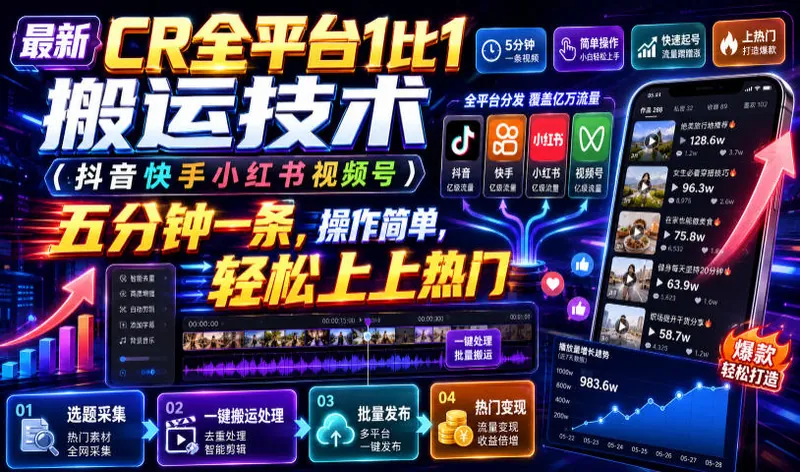 41813be6f5635ab6aa3c2c6bec044dca.jpeg 最新CR全平台1比1搬运技术(抖音快手小红书视频号)五分钟分钟一条,操作简单,轻松上热门(教程+软件+参数)
