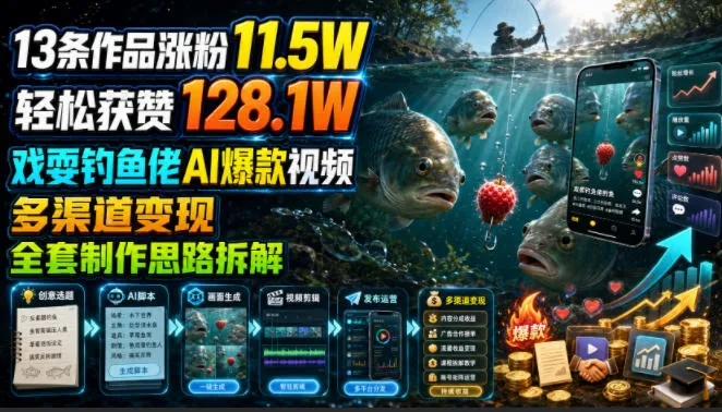 f4503190289dbedf1330f7b343d9641f.jpeg 13条作品涨粉11.5W,轻松获赞128.1W,戏耍钓鱼佬AI爆款视频,多渠道变现,全套制作思路拆解