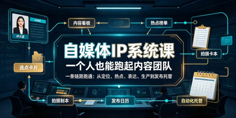 自媒体IP系统课，一个人也能跑起内容团队，一条链路跑通，从定位、热点、表达、生产到发布托管