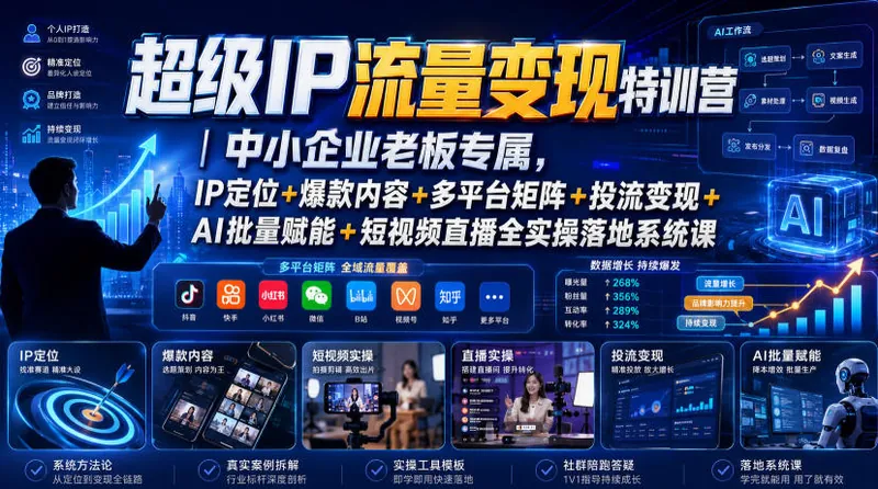 超级IP流量变现特训营｜中小企业老板专属，IP定位+爆款内容+多平台矩阵+投流变现+AI批量赋能+短视频直播全实操落地系统课
