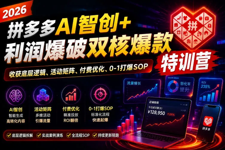 f45526ca303a87ae02c47015a9a72550.jpeg 2026拼多多AI智创+利润爆破双核爆款特训营,收获底层逻辑、活动矩阵、付费优化、0-1打爆SOP