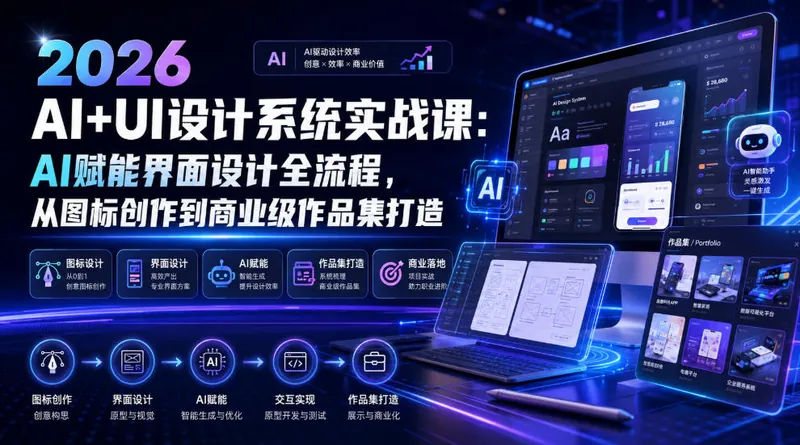 585a626d82b67d5a6b2fa22a025b8baa.jpeg 2026 AI+UI设计系统实战课:AI赋能界面设计全流程,从图标创作到商业级作品集打造