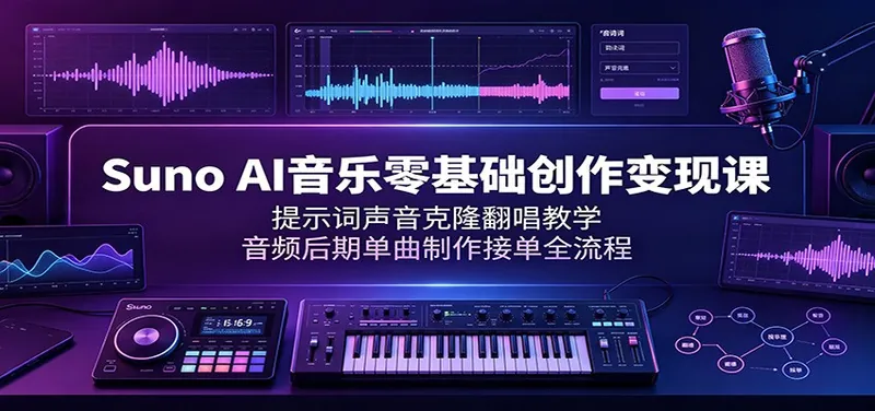 Suno AI音乐零基础创作变现课：提示词声音克隆翻唱教学，音频后期单曲制作接单全流程