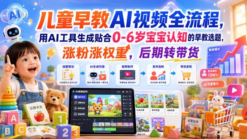 319dafcb9810ef1917b72e661a8eda6f.jpeg 儿童早教AI视频全流程,用AI工具生成贴合0-6岁宝宝认知的早教选题,涨粉涨权重,后期转带货