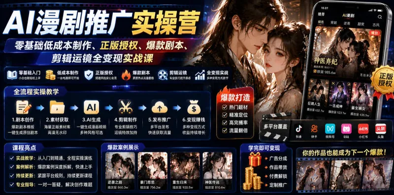 93294e92bd8f727af7d2e9b1b0b820a6.jpeg AI漫剧推广实操营|零基础低成本制作、正版授权、爆款剧本、剪辑运镜全变现实战课