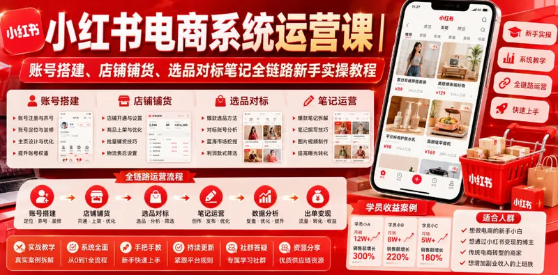 7acb7f6a385f085653772242bbb48236.jpeg 小红书电商系统运营课|账号搭建、店铺铺货、选品对标笔记全链路新手实操教程