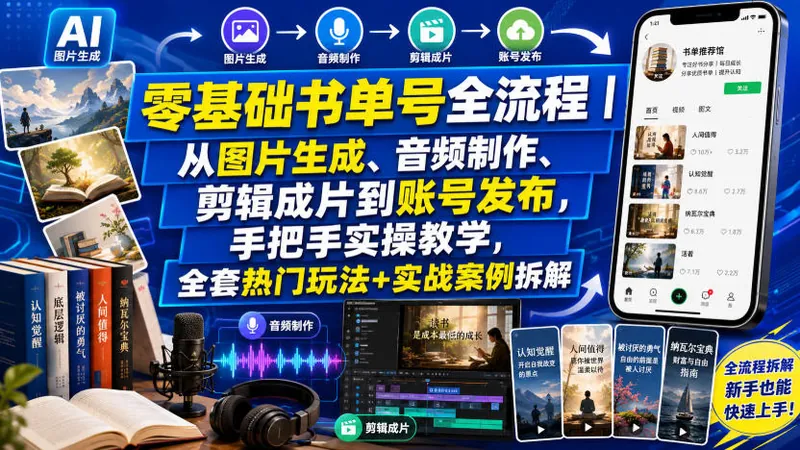 42c48bc2889349cc91e88028470de1f4.jpeg 零基础书单号全流程|从图片生成、音频制作、剪辑成片到账号发布,手把手实操教学,全套热门玩法+实战案例拆解