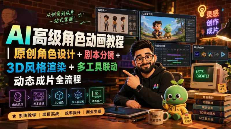 4ce317f488069eb828d553310ef2463c.jpeg AI高级角色动画教程|原创角色设计+剧本分镜+3D风格渲染+多工具联动动态成片全流程【中英字幕】