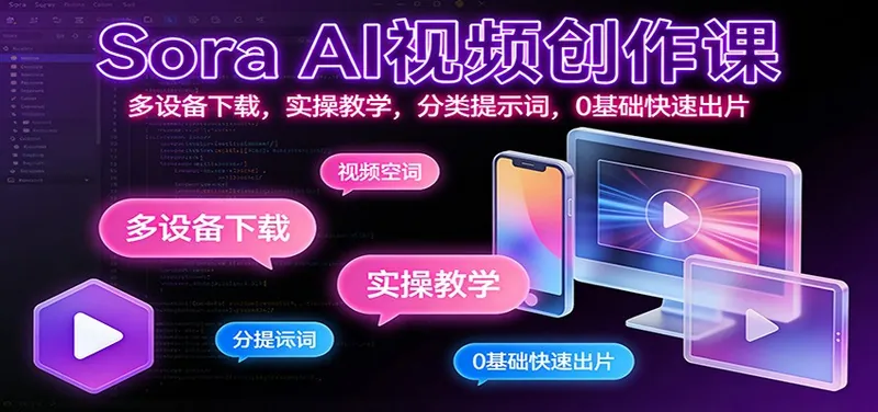 3093c64ac930d6acbfcb3662fb6f781b.jpeg Sora AI视频创作课:多设备下载,实操教学,分类提示词,0基础快速出片